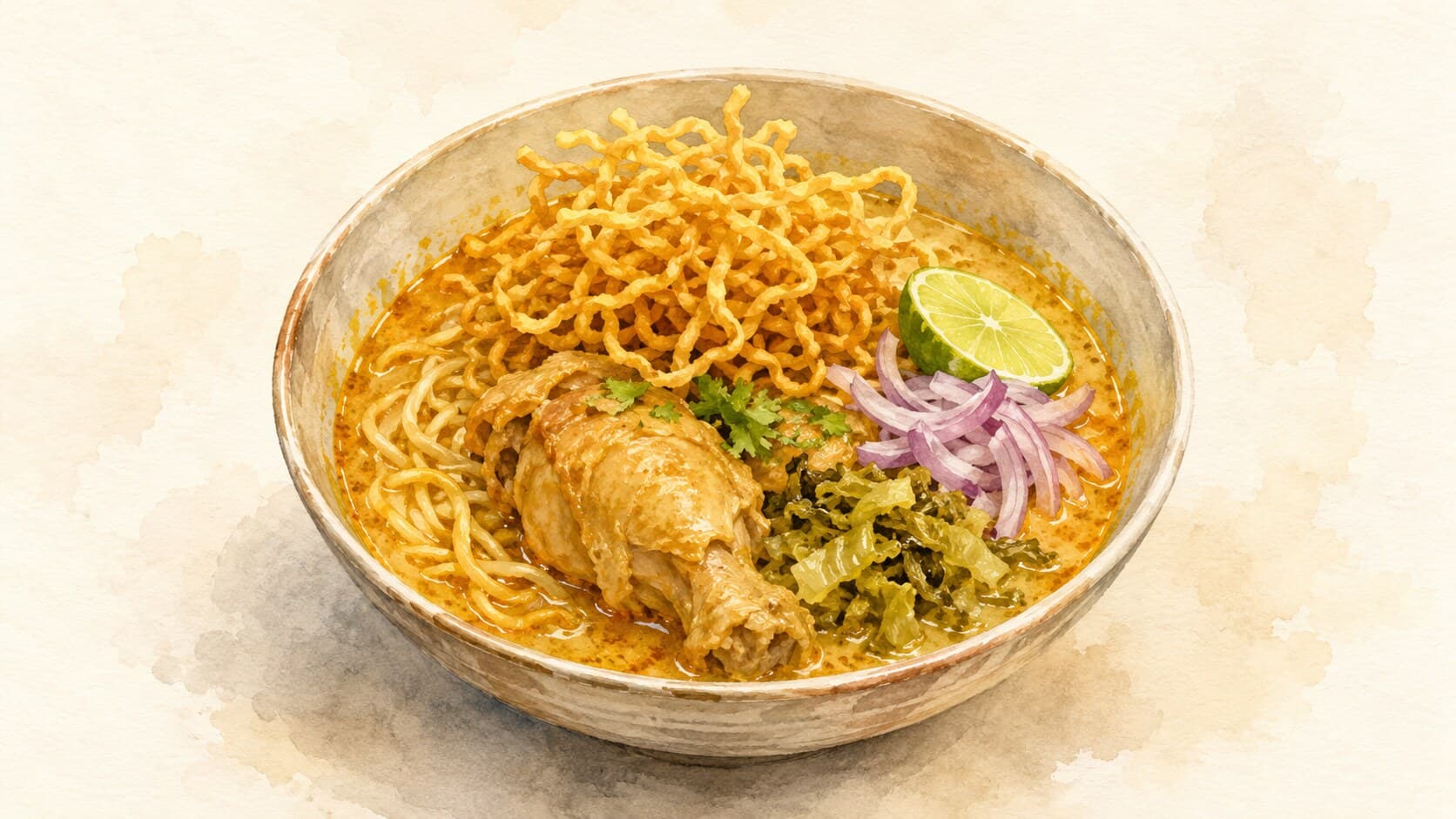 A bowl of Khao Soi with garnishes, showcasing its vibrant colors.