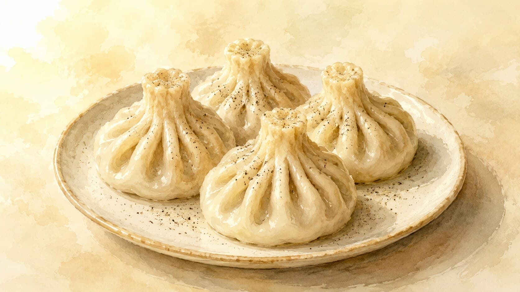 Round pleated dumplings with twisted tops, dusted with black pepper.