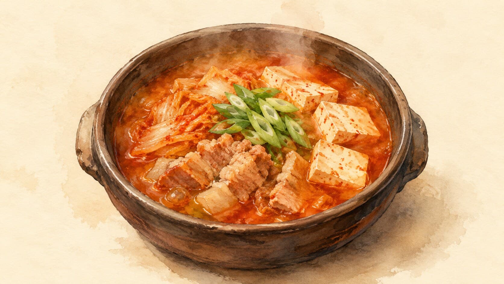 A vibrant bowl of kimchi jjigae filled with rich red broth and vegetables.
