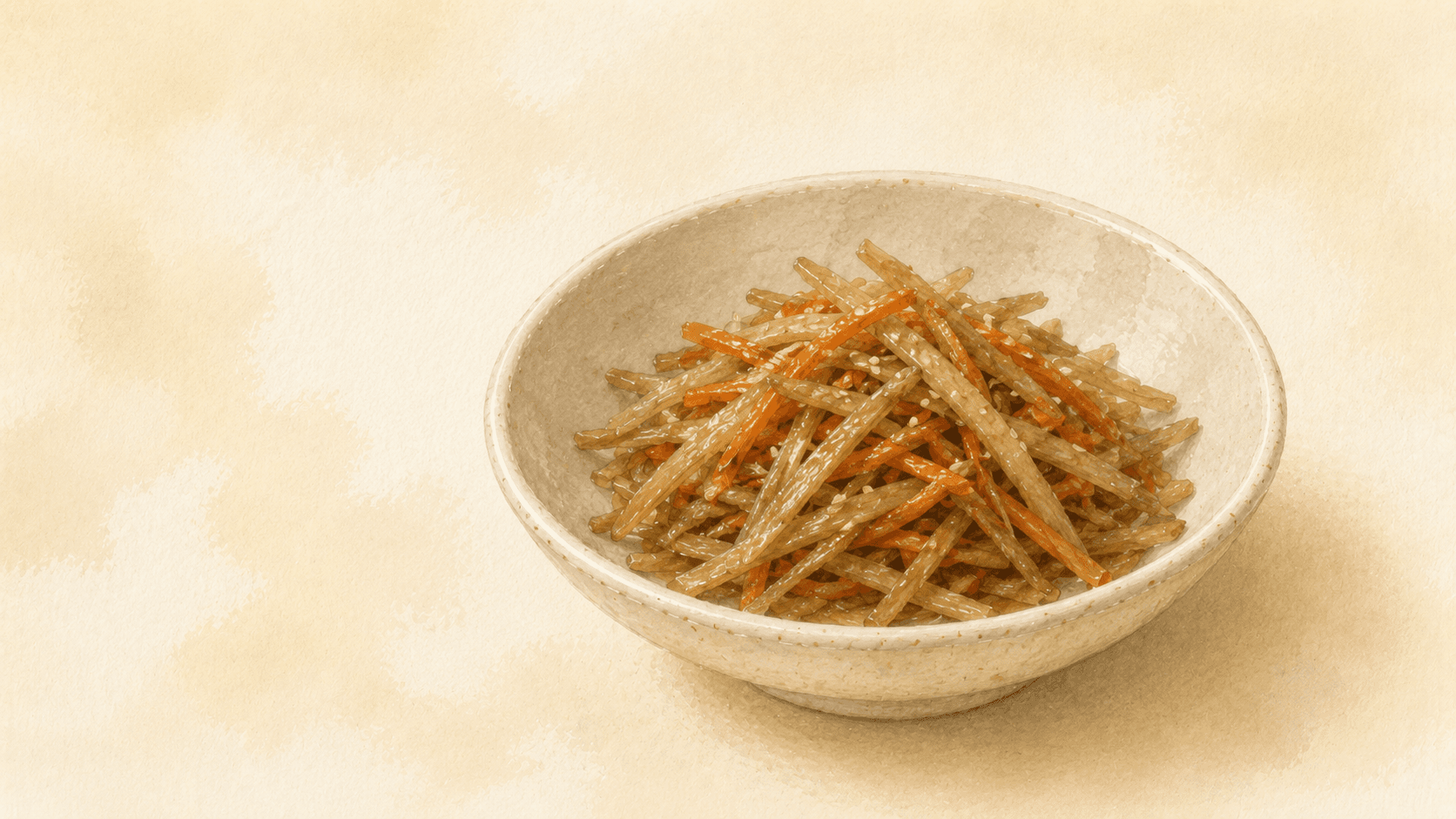 A small lacquered dish of kinpira gobo — julienned burdock root and carrot, deeply glazed in a soy-mirin sauce with white sesame seeds scattered on top