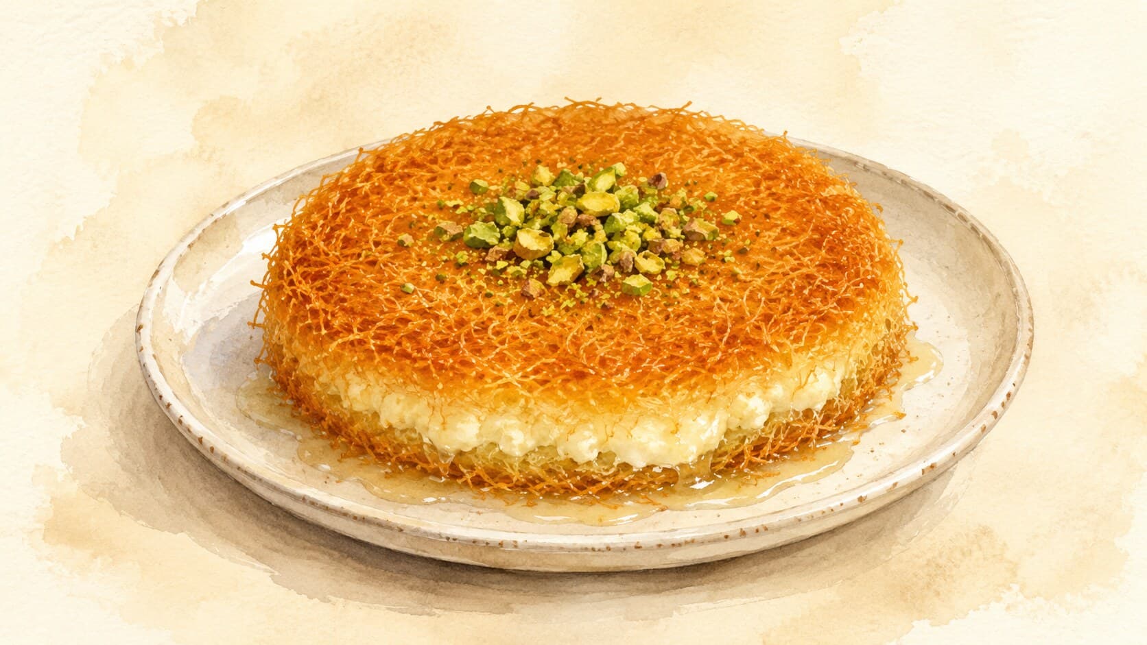 A round tray of orange-amber shredded pastry over white melted cheese, scattered with green pistachios, glistening with syrup.