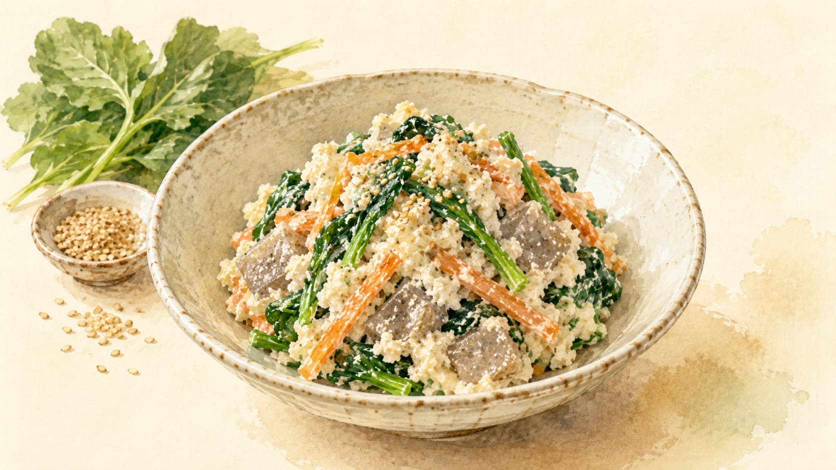 A beautifully arranged plate of Konnyaku Shira-ae featuring colorful vegetables and a creamy tofu-sesame dressing.