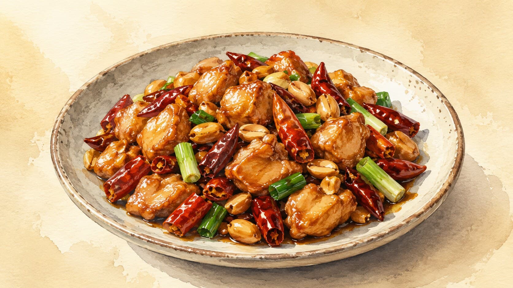 A vibrant plate of Kung Pao Chicken with colorful peppers and peanuts.