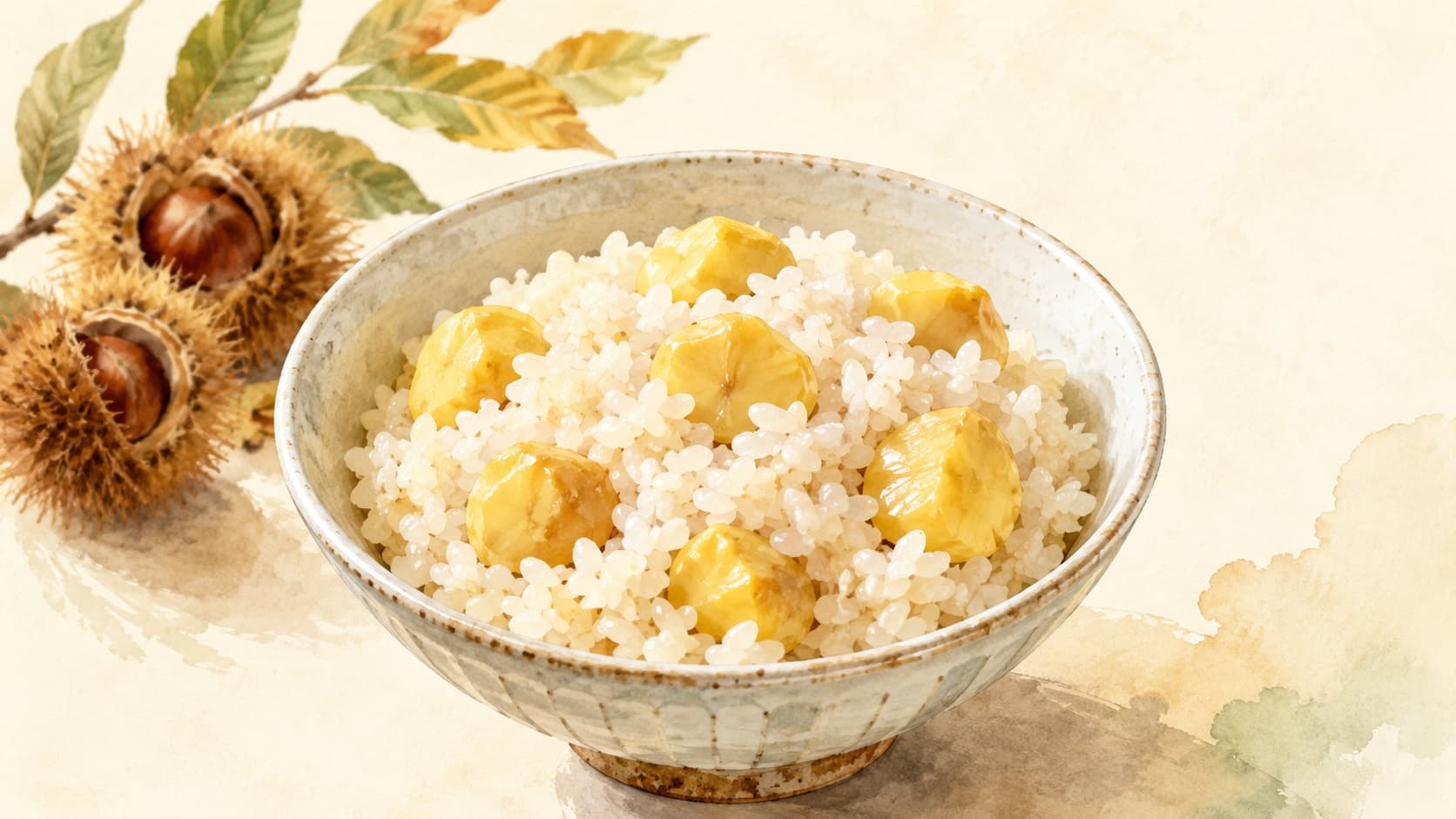 A beautifully arranged bowl of Kuri Gohan with chestnuts and rice, showcasing warm autumn hues.