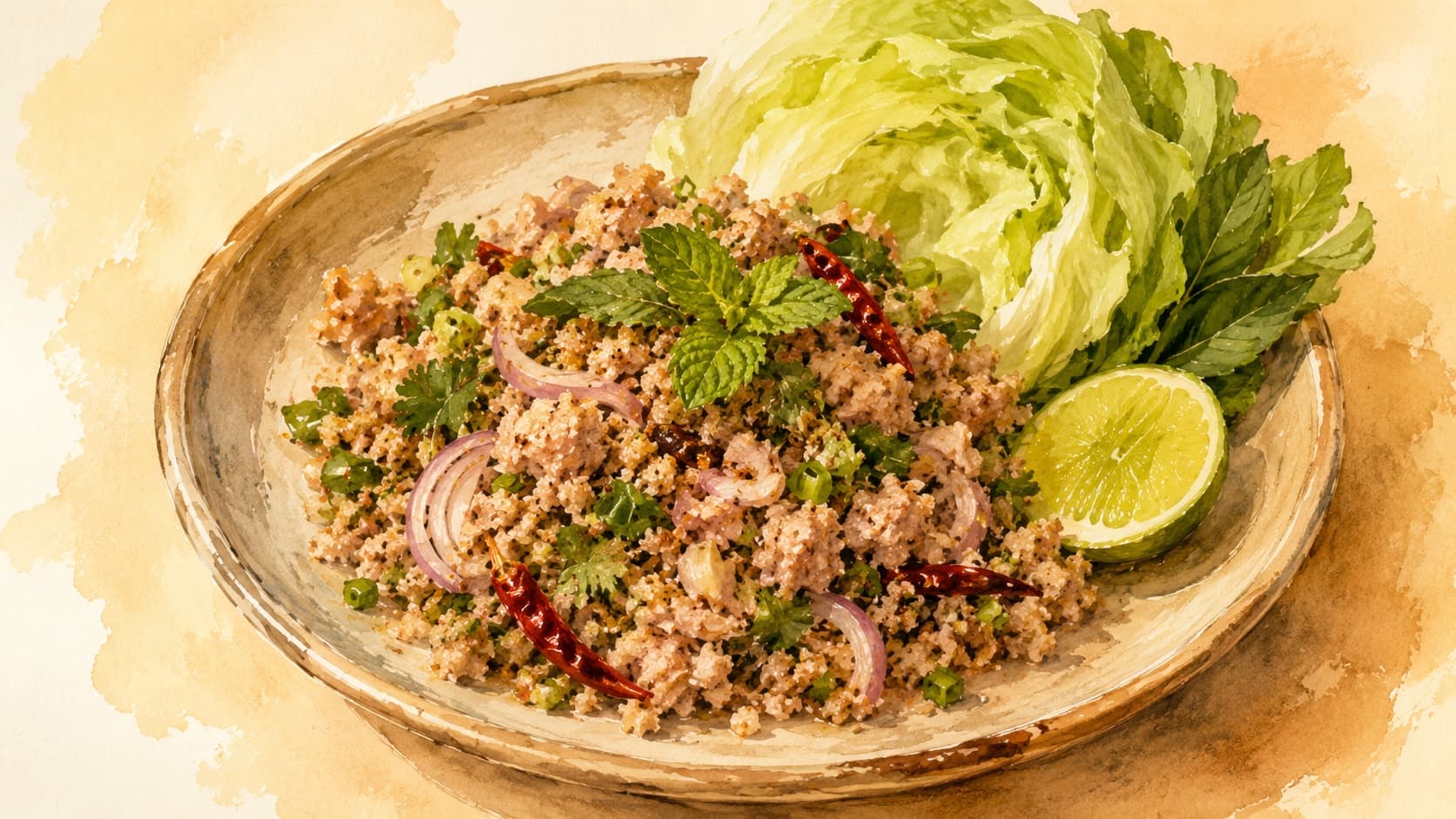 A beautifully arranged bowl of Larb Gai garnished with fresh herbs and lime wedges.