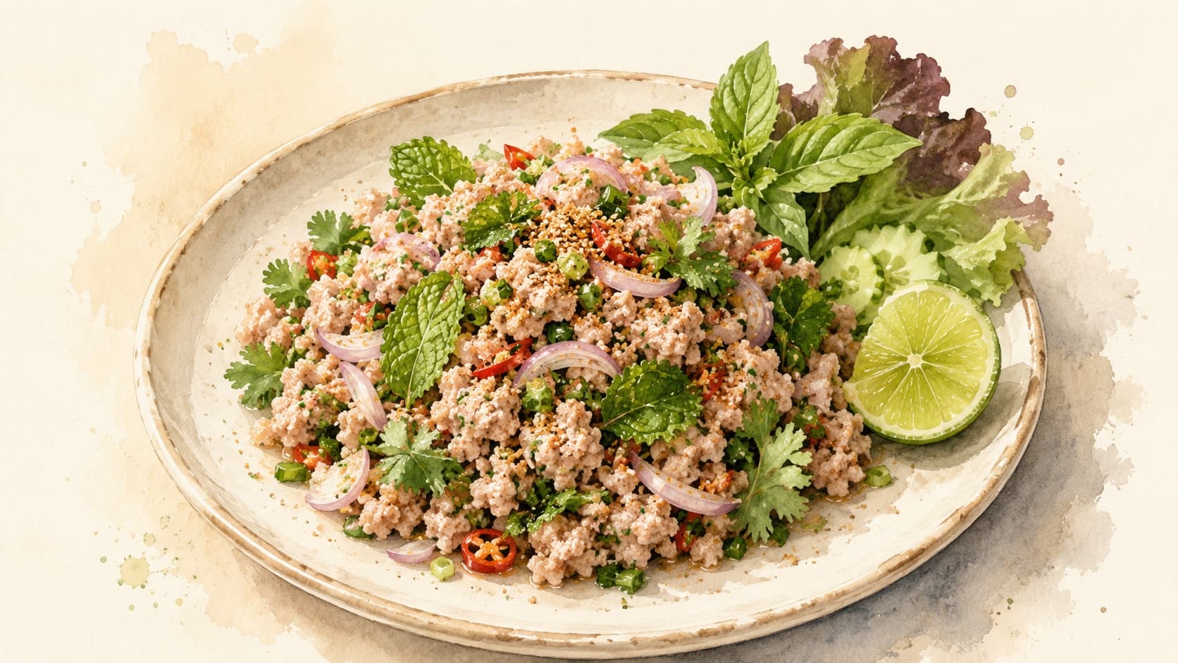 A vibrant bowl of Larb Moo garnished with fresh herbs.
