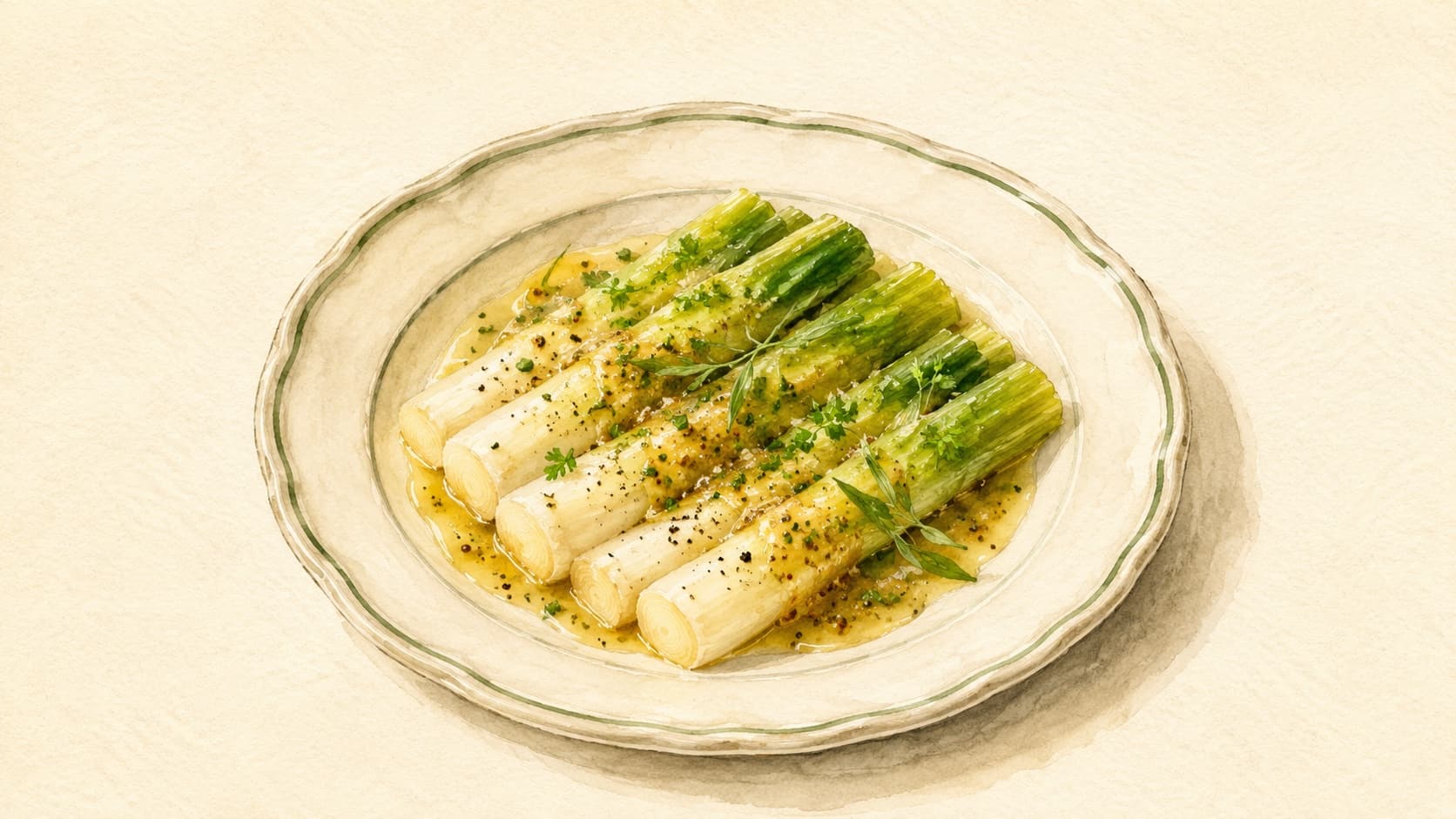 A beautifully arranged plate of leeks dressed in a vibrant vinaigrette sauce.