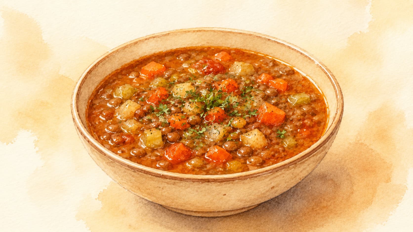 A bowl of steaming lentil soup garnished with fresh herbs and accompanied by crusty bread.
