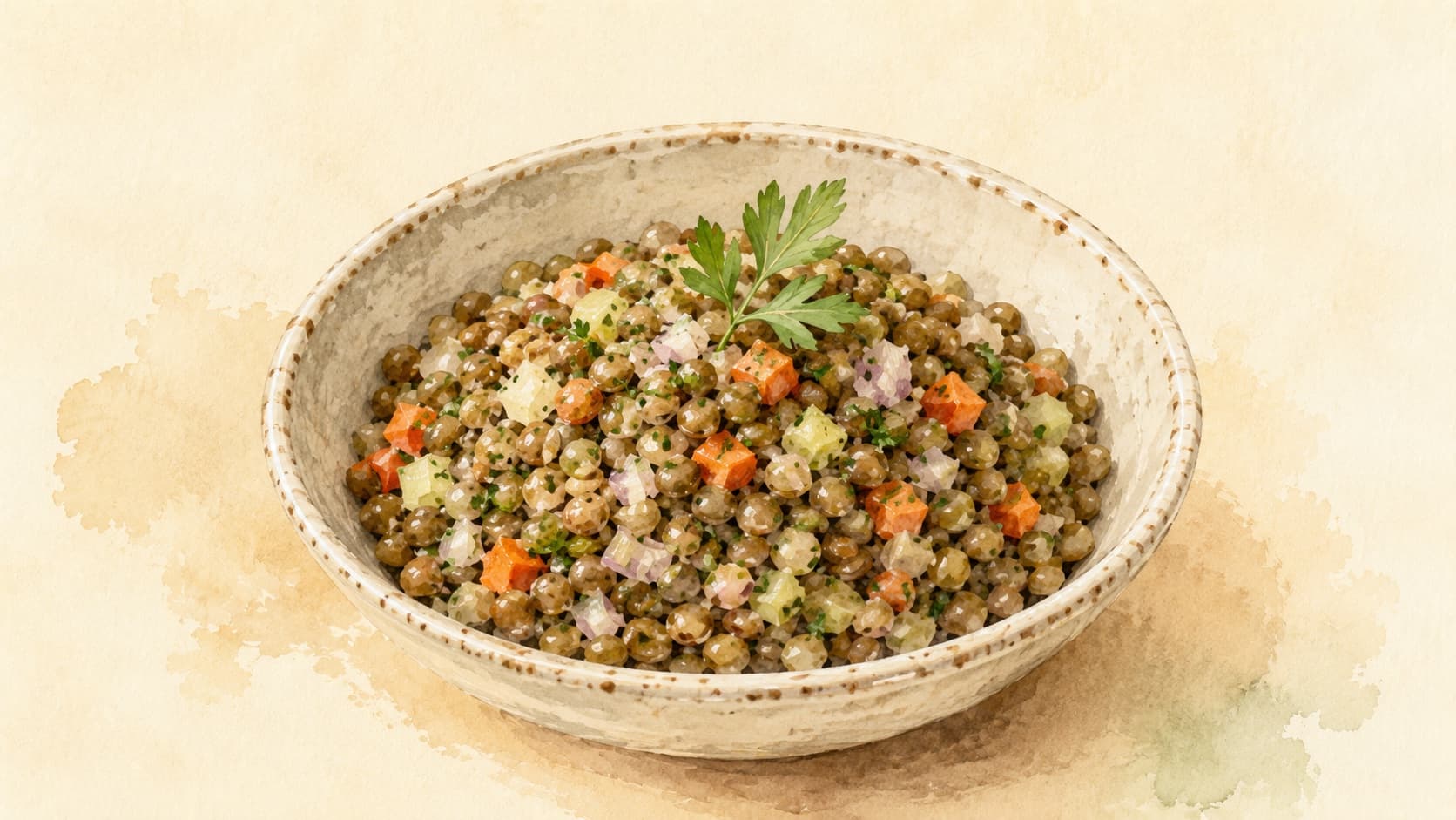 A beautifully arranged plate of lentilles vinaigrette garnished with fresh herbs.