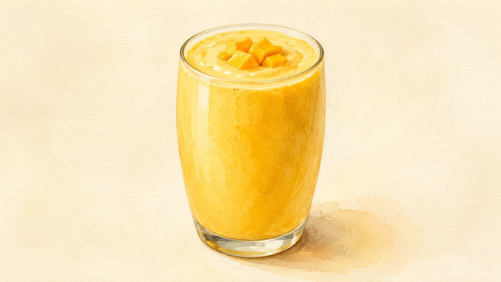 A pale yellow mango yogurt drink in a glass garnished with fresh mango dice.