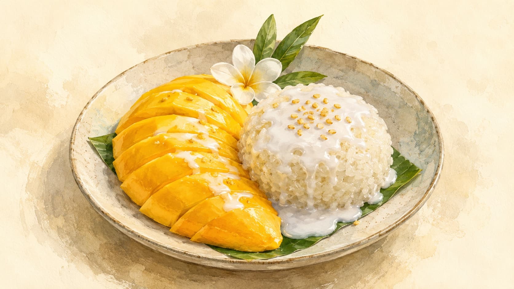 A vibrant plate of mango sticky rice garnished with sesame seeds and coconut.