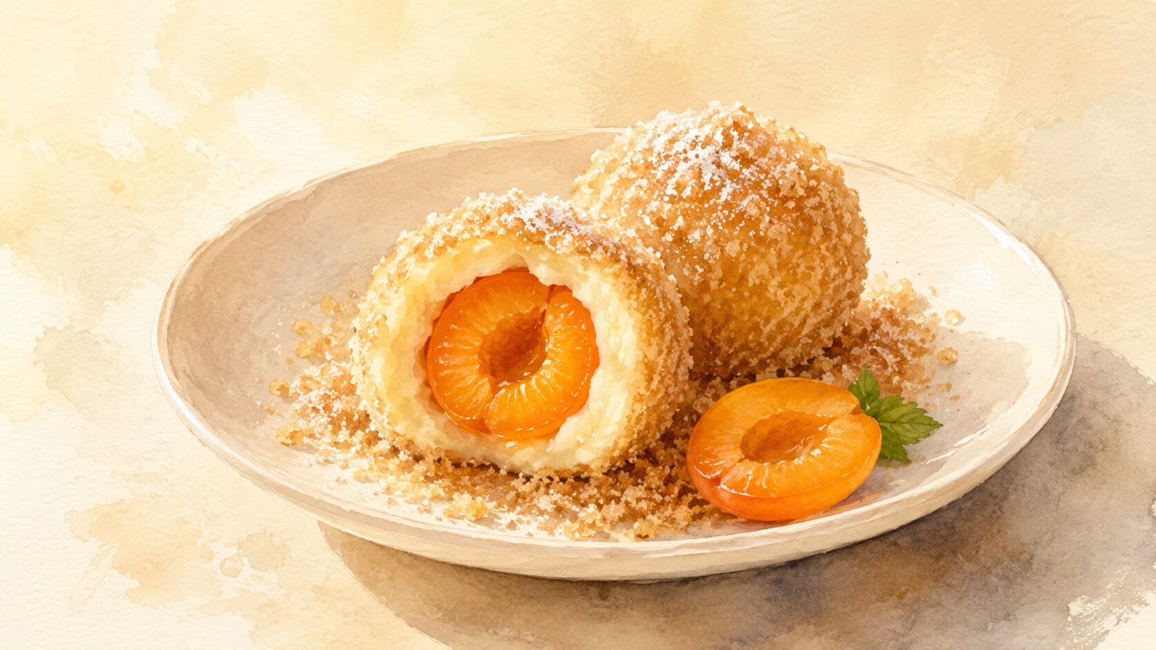 Golden-dusted apricot dumplings on a white plate, one cut open to show the whole apricot in the soft pale dough.