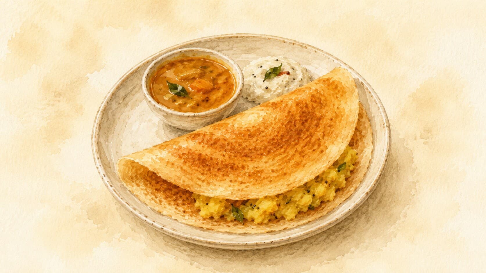 Golden crispy rice-lentil crepe folded over yellow potato masala with sambar and coconut chutney on the side.