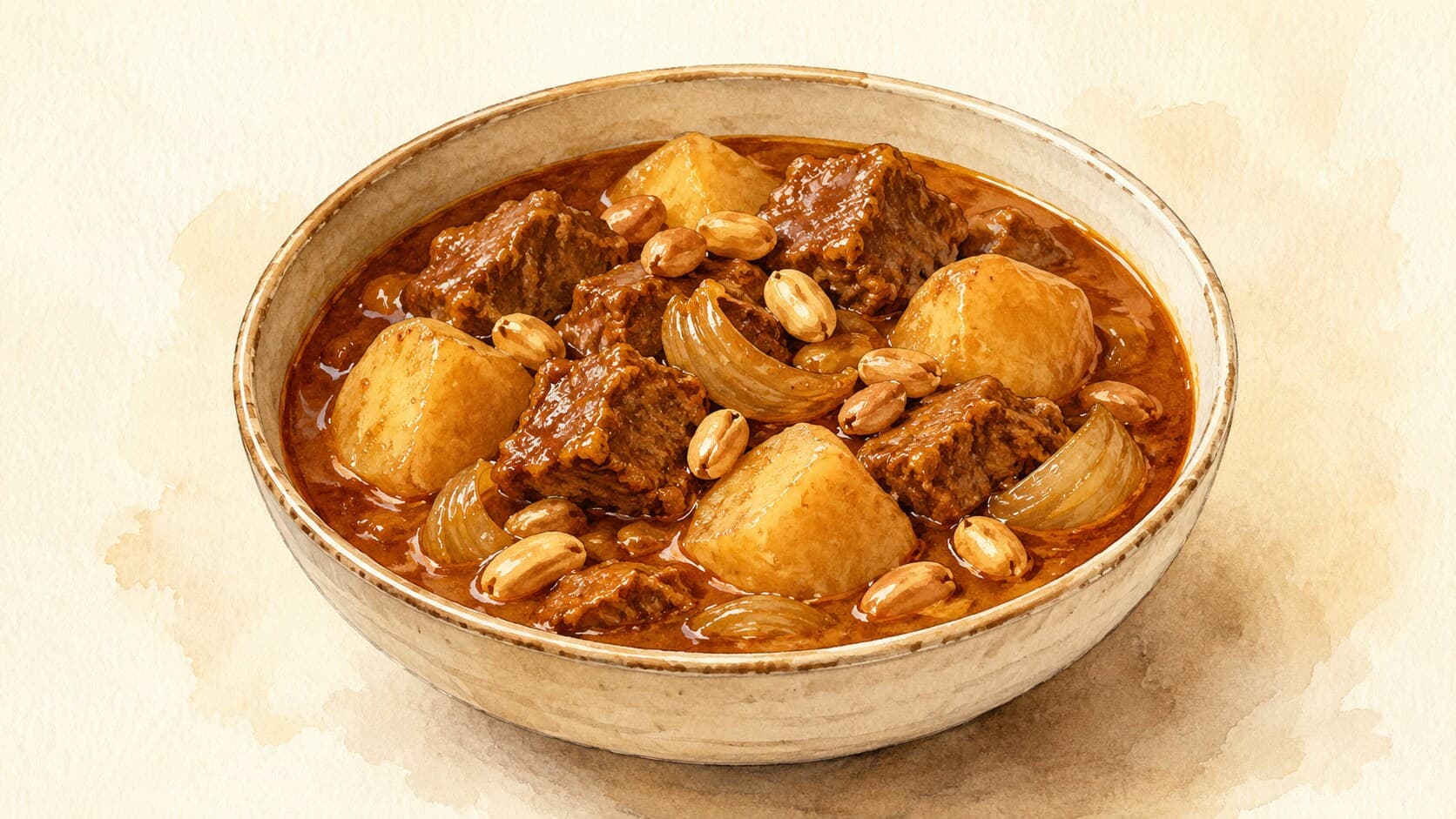 A vibrant bowl of Massaman Curry with tender chunks of beef and colorful vegetables.