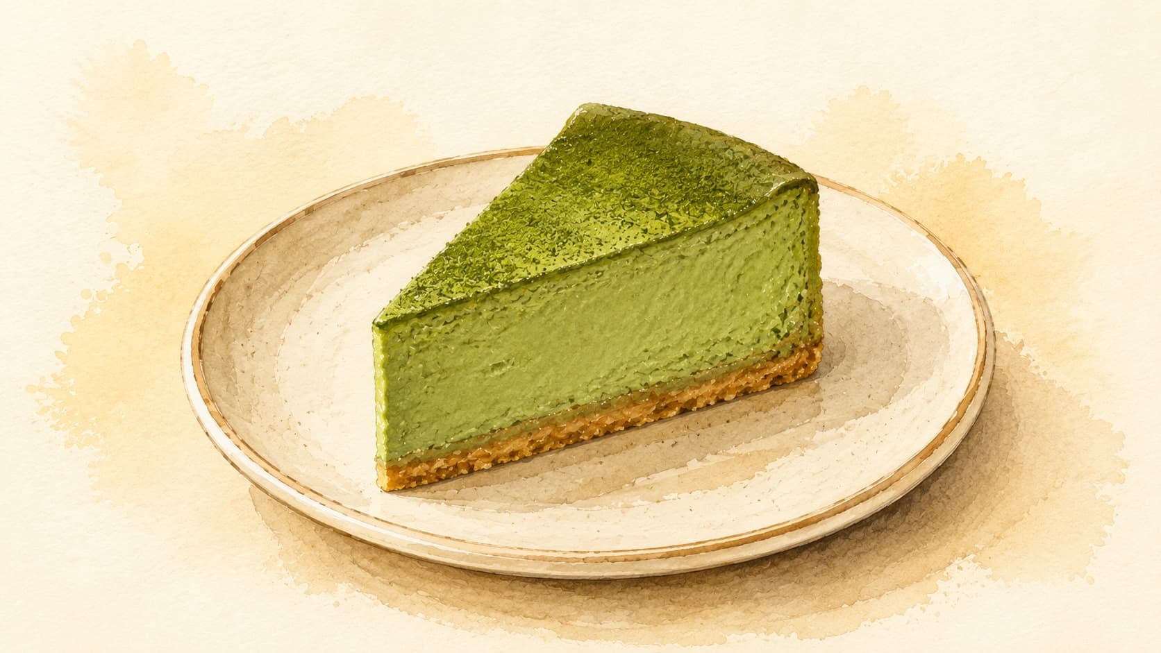 A luscious slice of matcha cheesecake adorned with a delicate matcha dusting.