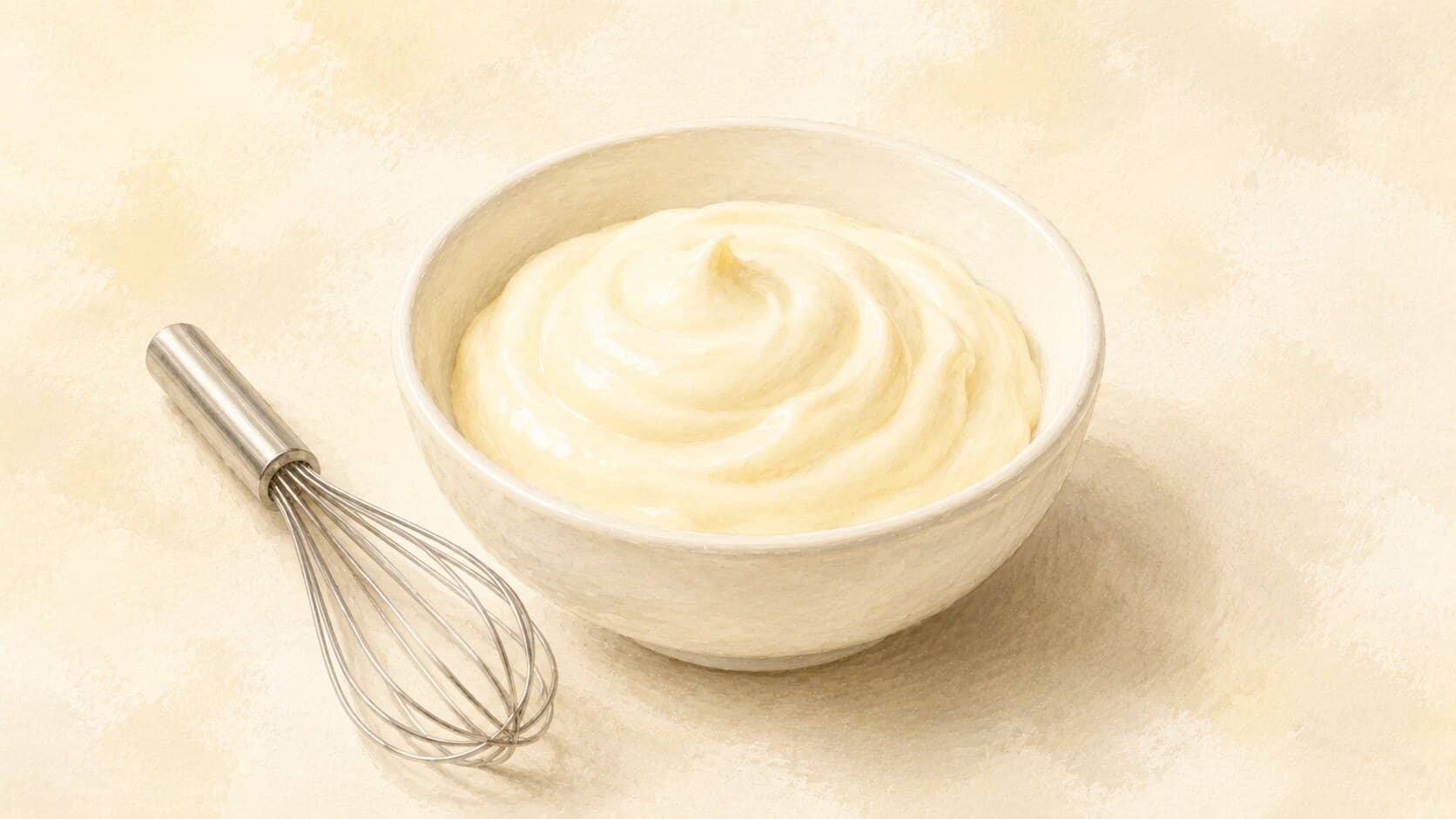A small ceramic ramekin of pale-cream mayonnaise, a thin trail of olive oil being drizzled from above, a balloon whisk resting at an angle