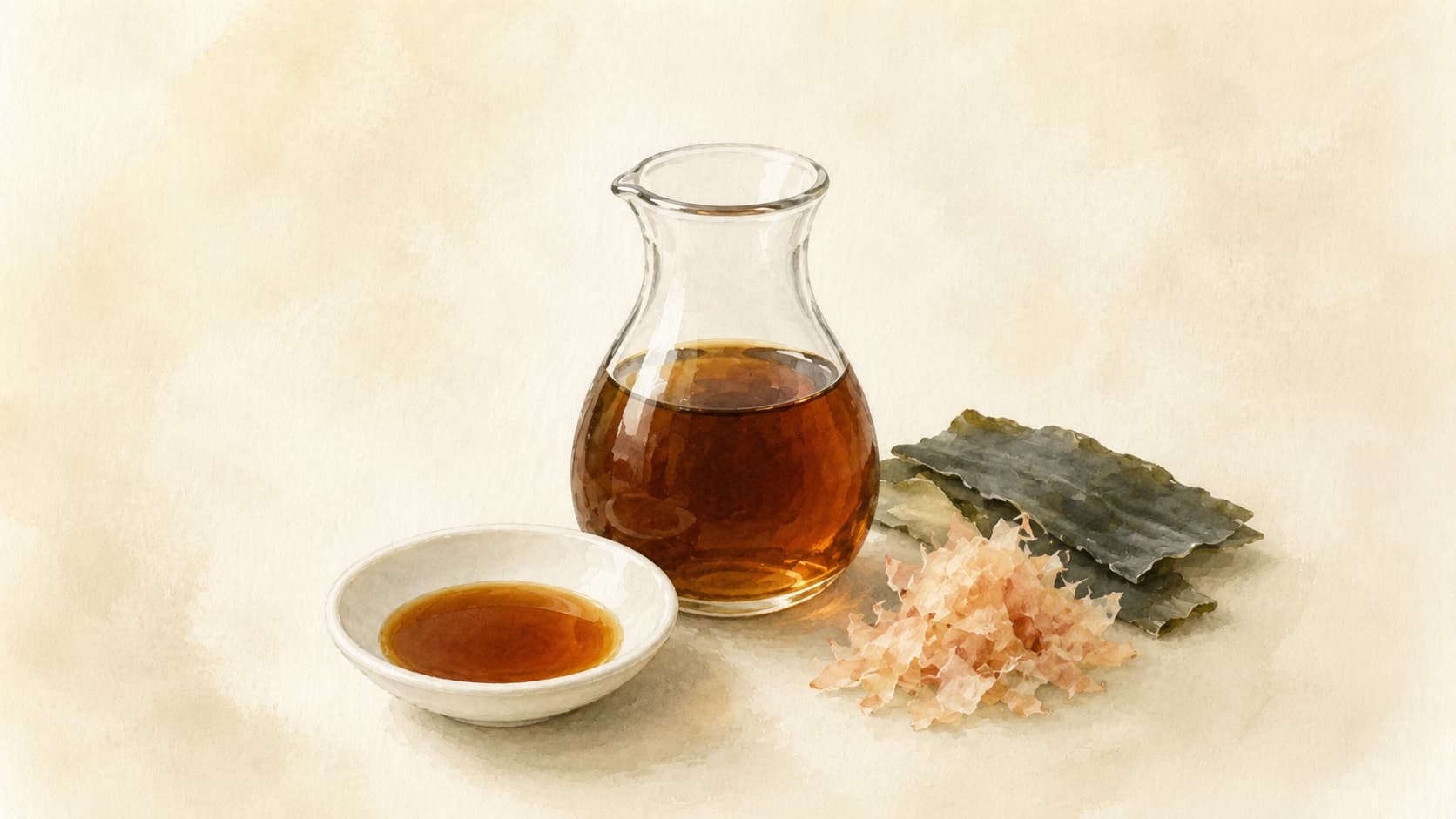 A small ceramic cup of dark amber mentsuyu beside a bundle of cold soba noodles on a bamboo mat