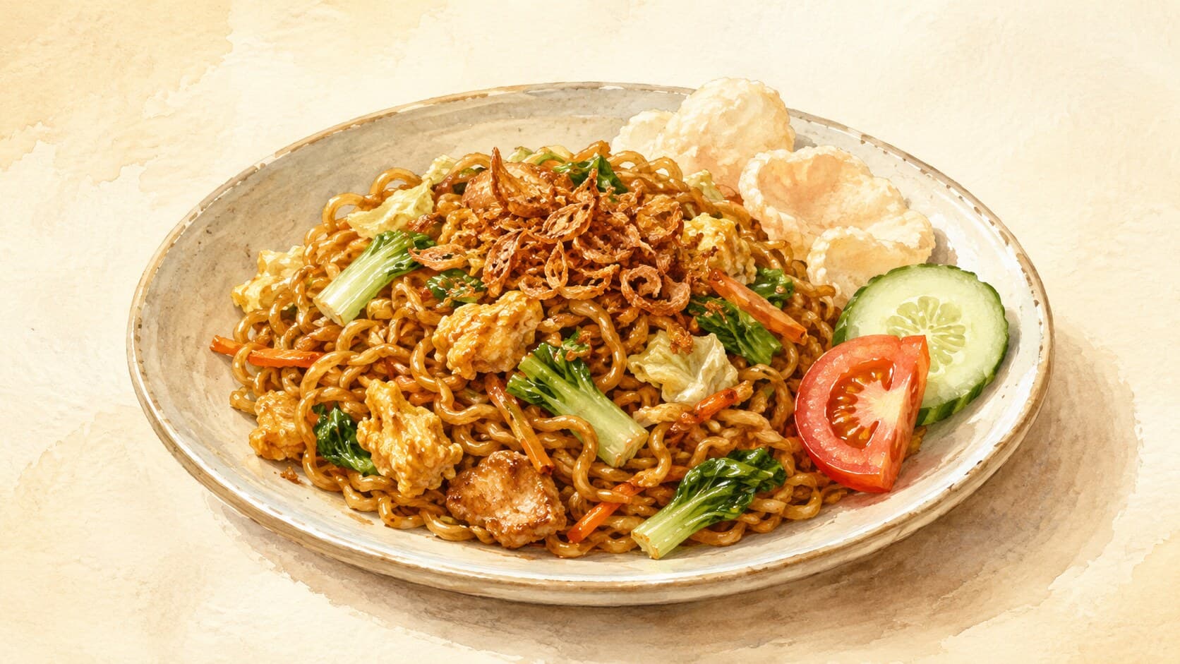 A bowl of glossy dark-soy fried egg noodles garnished with chicken, scallions, cucumber slices, and a krupuk cracker.