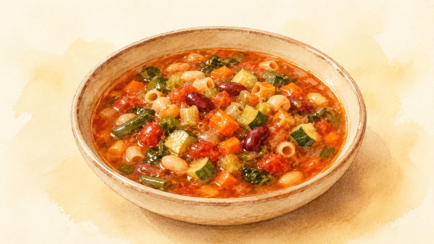 A vibrant bowl of minestrone soup filled with colorful vegetables.