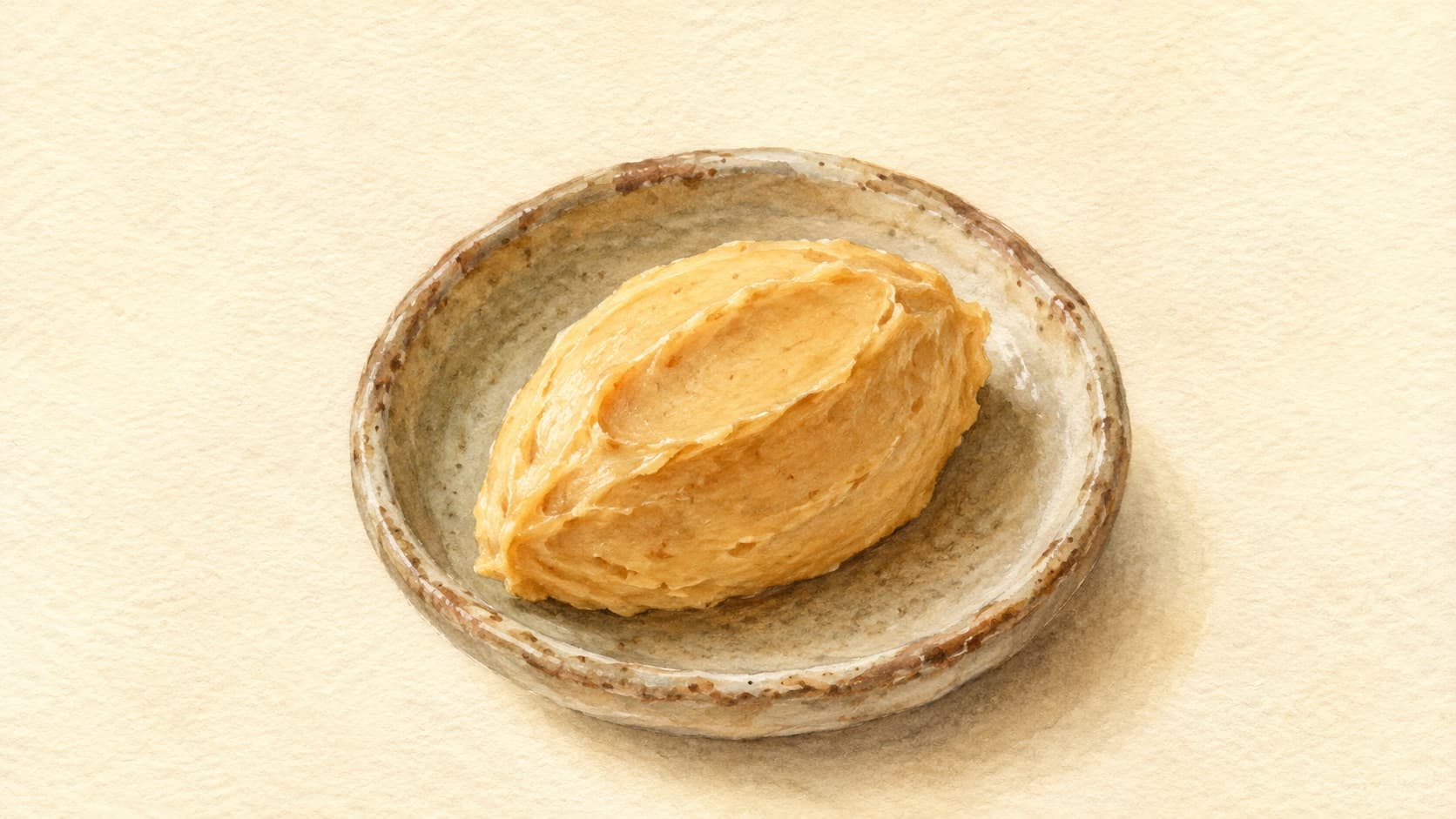 A watercolor illustration of Miso Butter served in a small dish with a pat of butter melting atop.