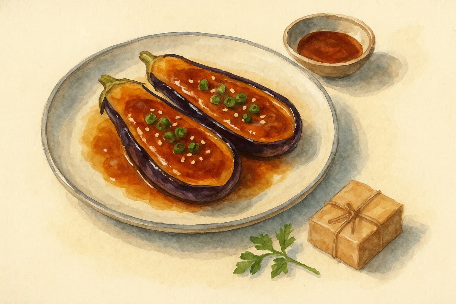 A beautifully illustrated single dish of miso eggplant, highlighting its glossy miso glaze and vibrant color.