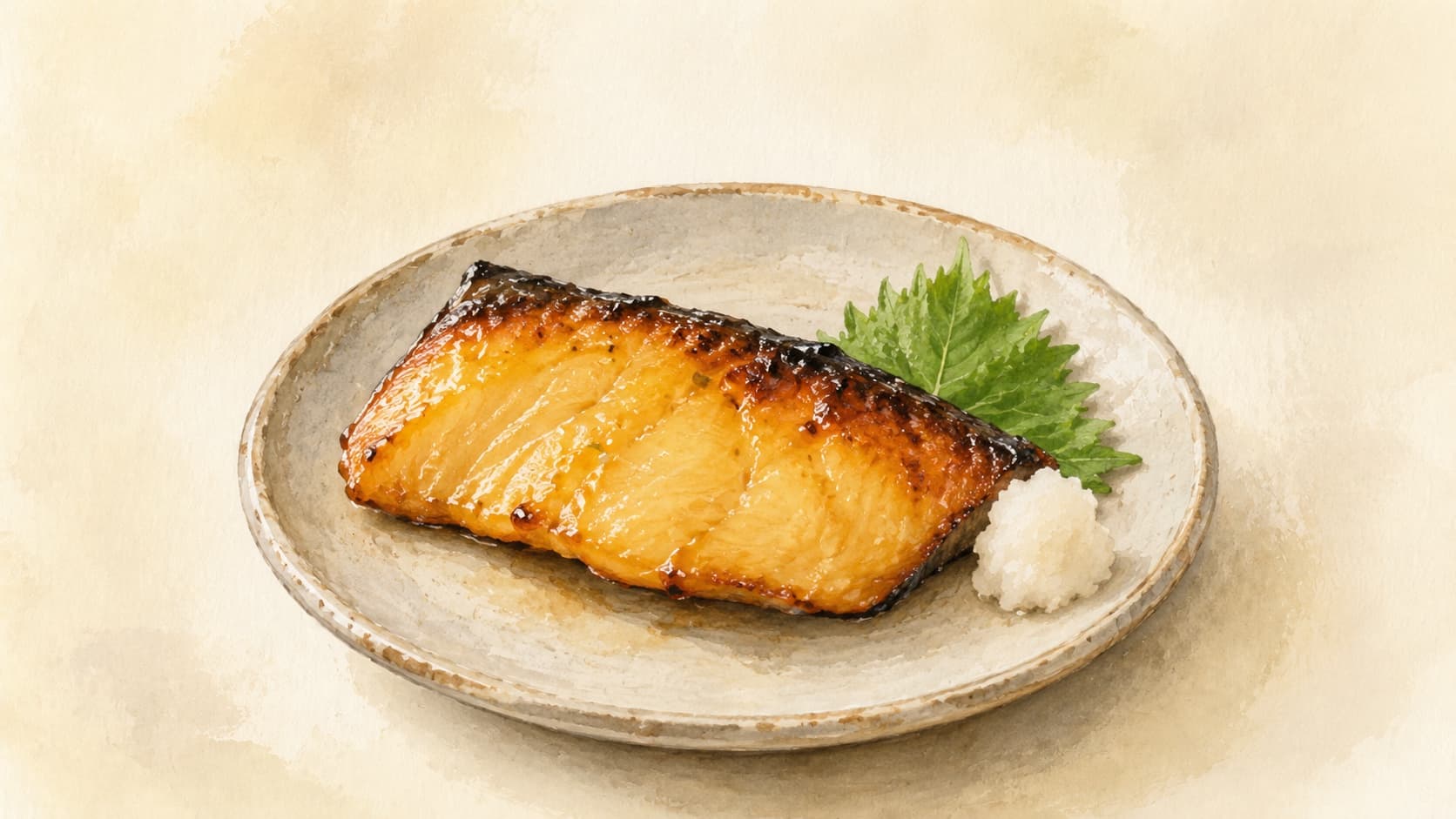 A sablefish fillet in a white miso marinade, resting on a small dish before cooking, with a darker baked version beside it