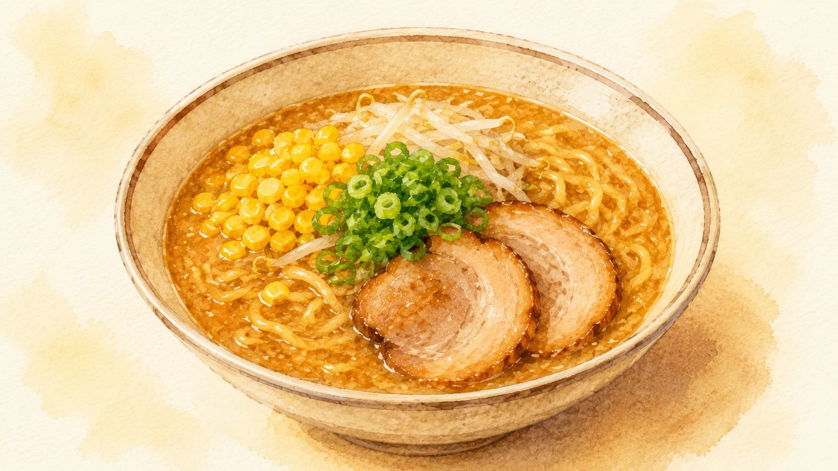 A bowl of steaming miso ramen topped with green onions and soft-boiled egg