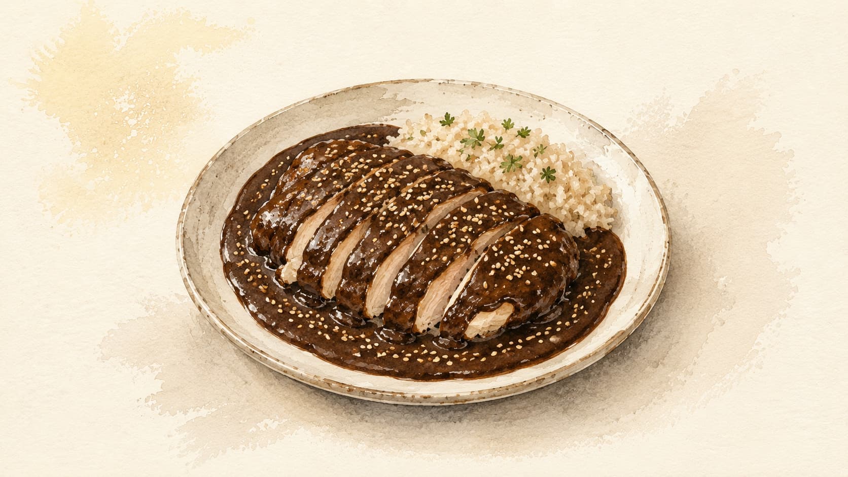 A rich, dark sauce with vibrant garnishes.