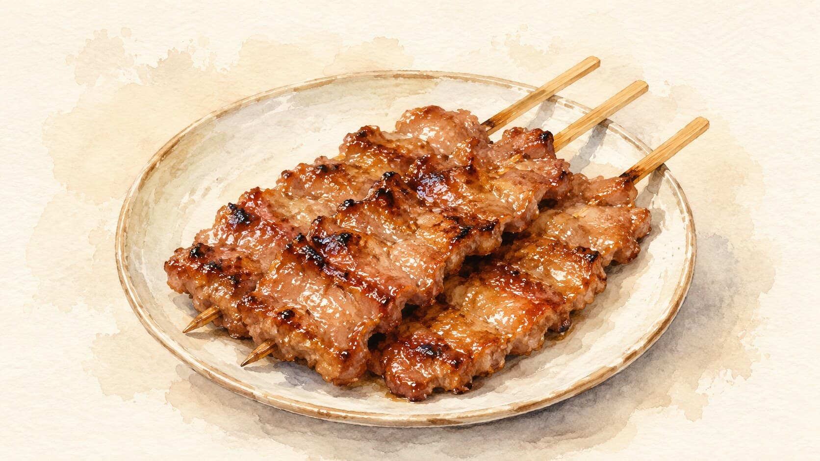 Pork skewers with caramelized edges served over sticky rice and accompanied by a dipping sauce.