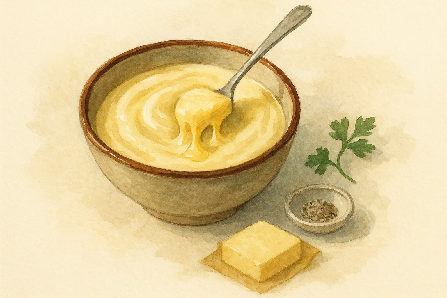 A beautifully illustrated bowl of Mornay sauce with a creamy texture, garnished with a sprinkle of cheese.