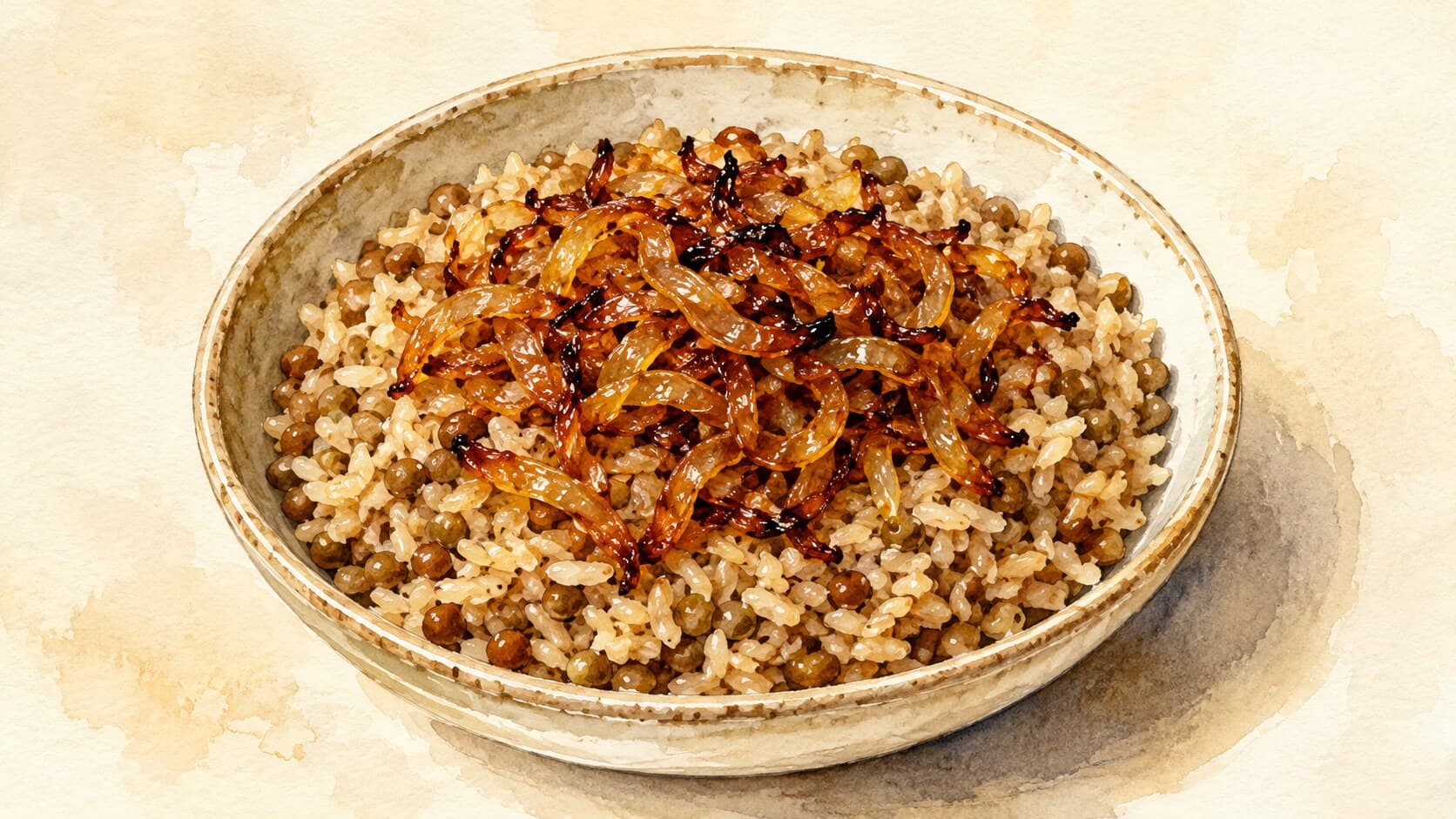 A mounded plate of brown lentil-rice topped with dark caramelized onion rings, served with a side of yogurt and lemon.