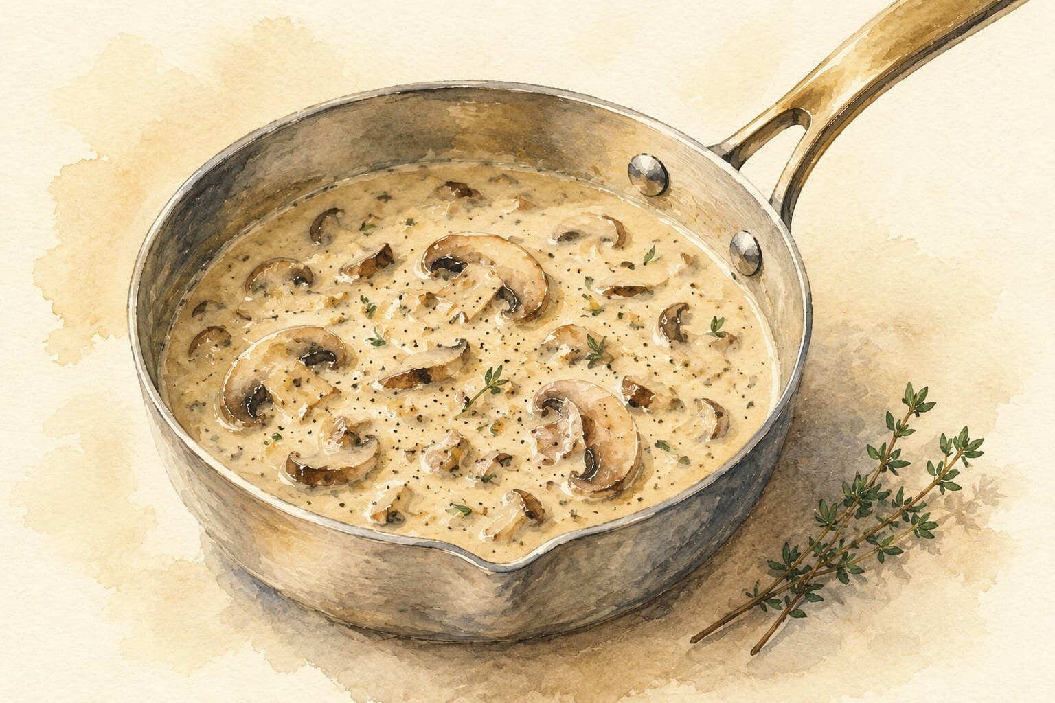 A small saucepan of glossy pale-tan mushroom cream sauce with visible browned mushroom slices, reduced to coating consistency, with a sprig of thyme beside it