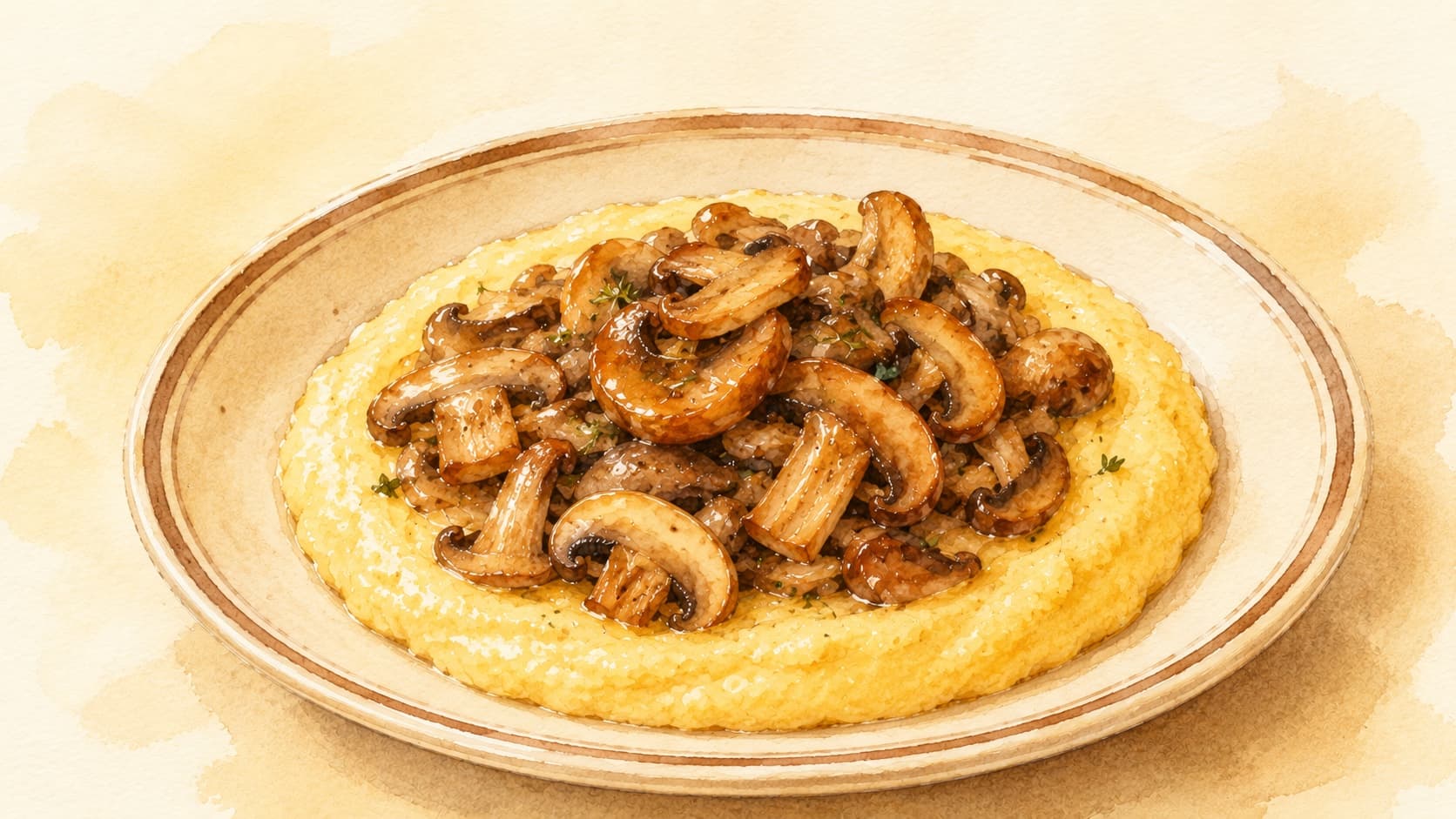 A bowl of creamy Mushroom Polenta topped with sautéed mushrooms and herbs.