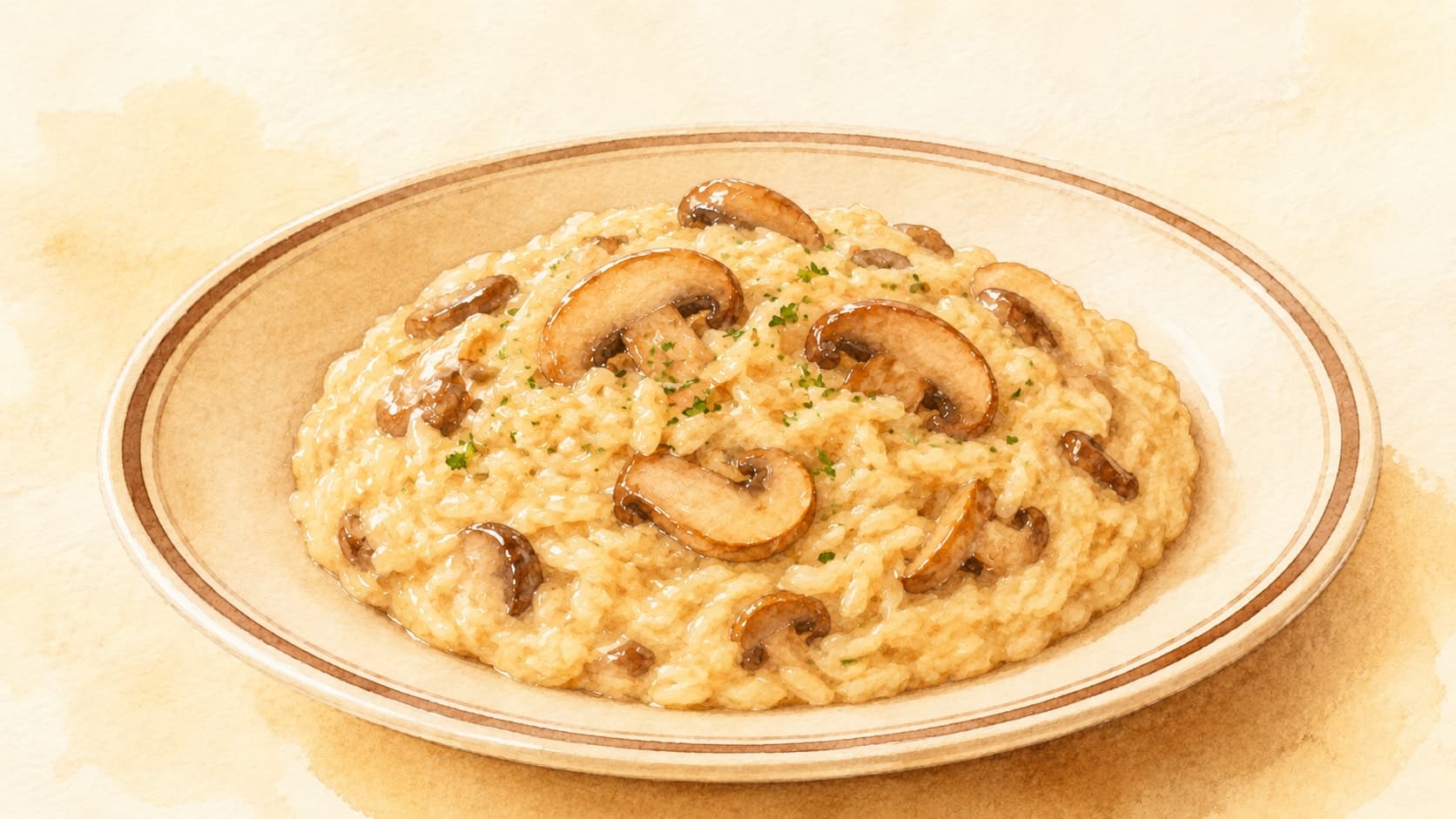 A beautifully illustrated bowl of creamy mushroom risotto topped with fresh herbs.