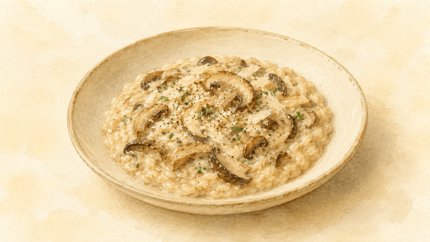 Golden-brown mushrooms in a carbon steel pan, glistening with butter, with a few thyme sprigs alongside