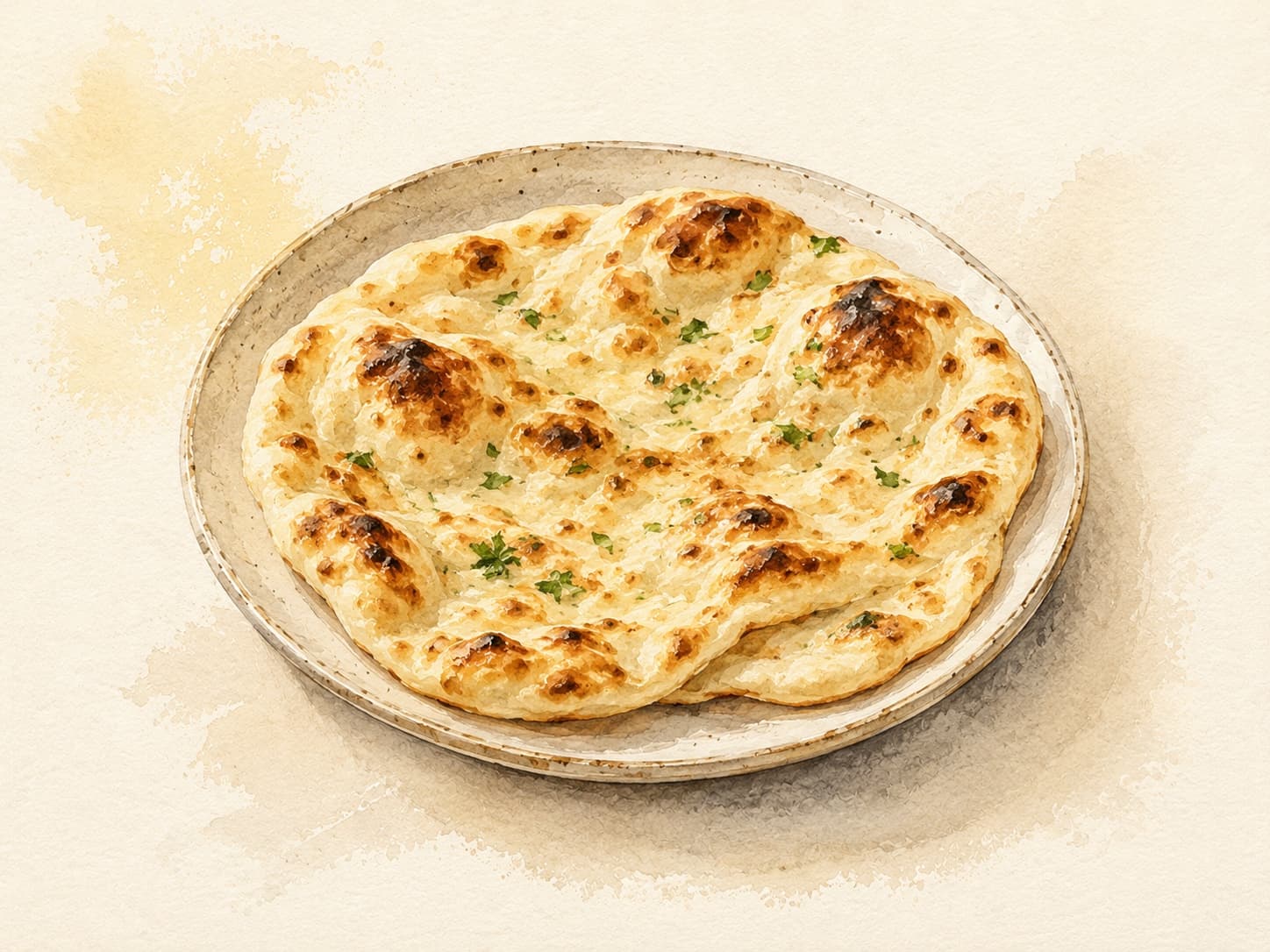 Soft, pillowy naan bread, perfectly charred with golden-brown spots.