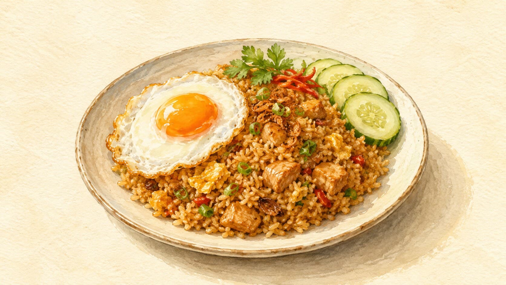 カラメル色の焼き飯に卵がトッピングされた料理のイラスト