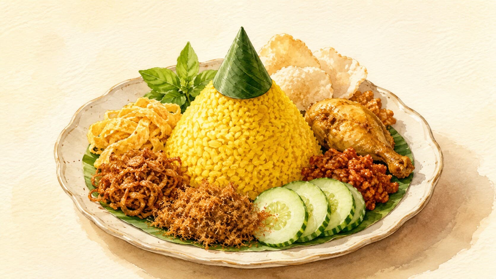 A bright-yellow turmeric rice cone surrounded by small piles of fried chicken, shredded omelette, peanuts, fried tempeh, and sambal on a banana-leaf platter.