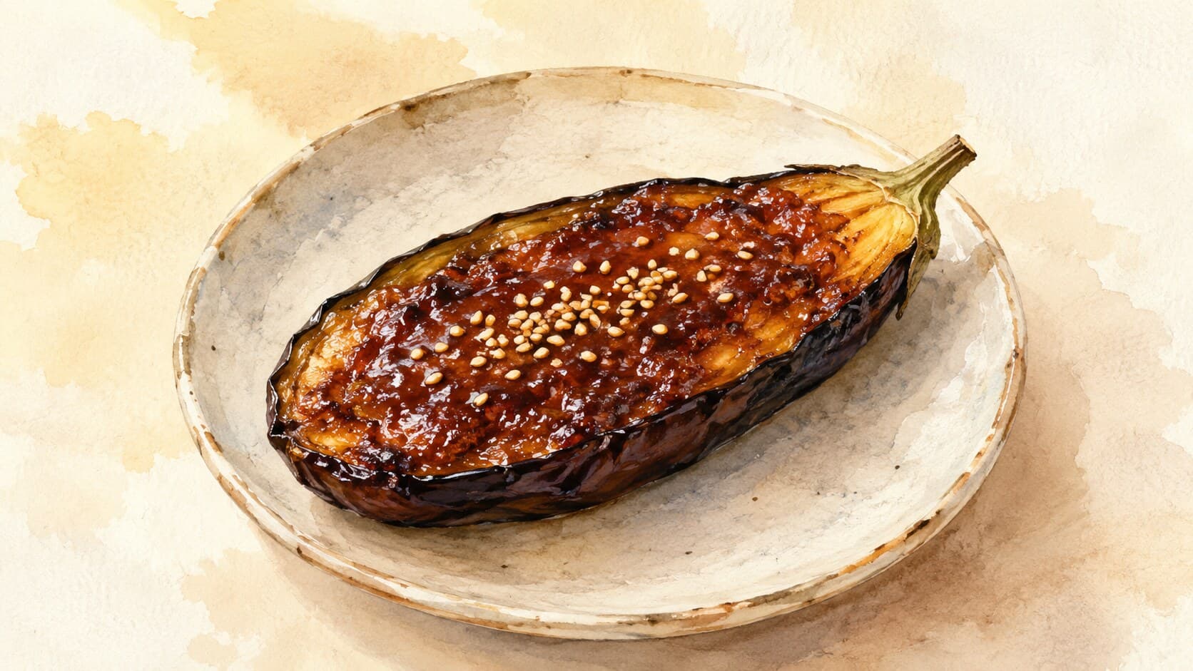 Halved Japanese eggplant scored in a diamond pattern, glazed in a mahogany hue with red miso, topped with sesame seeds.