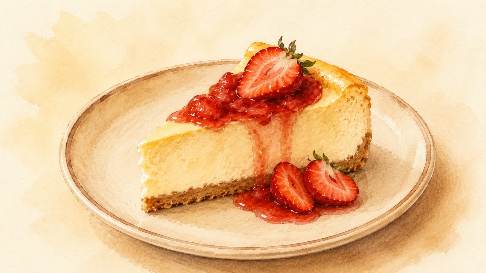 A slice of New York cheesecake topped with a glossy berry sauce.