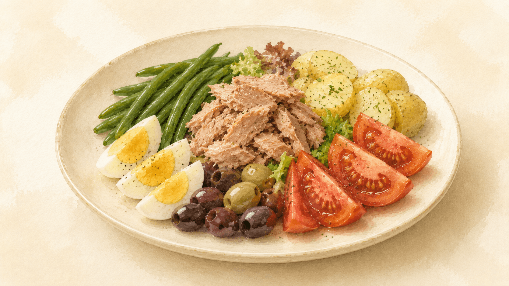 A large platter of composed Niçoise salad — tuna, halved eggs, olives, anchovies, tomatoes, green beans, and potatoes arranged in distinct sections