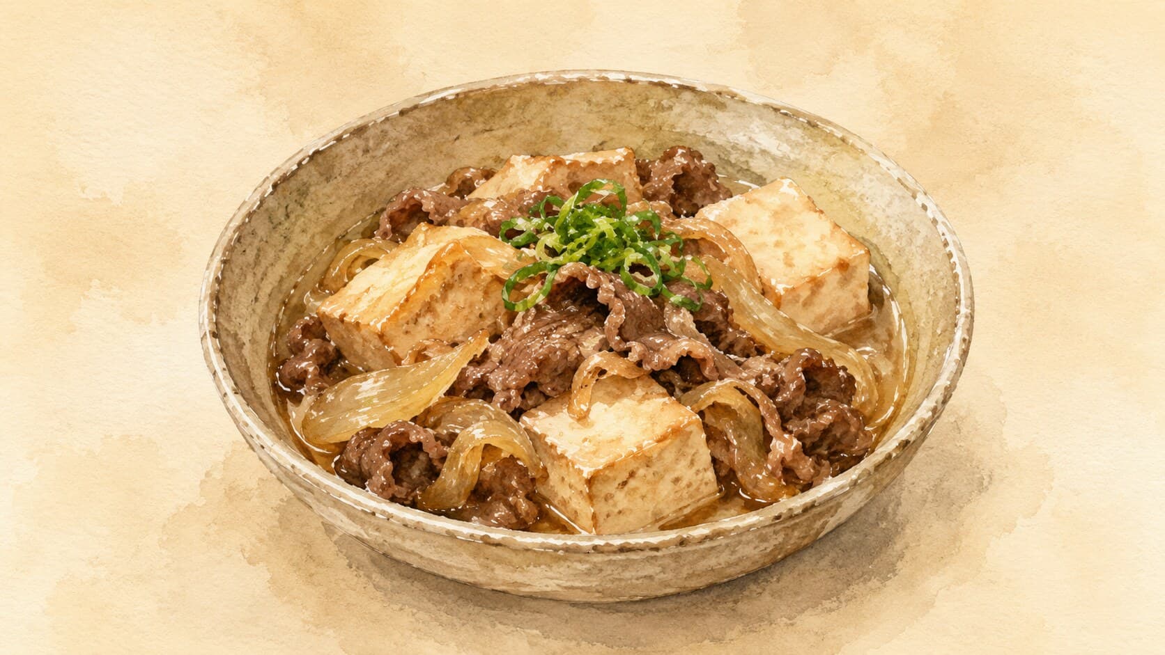 A bowl of niku-doufu with sliced tofu, beef, and scallions in a dashi-soy simmer.