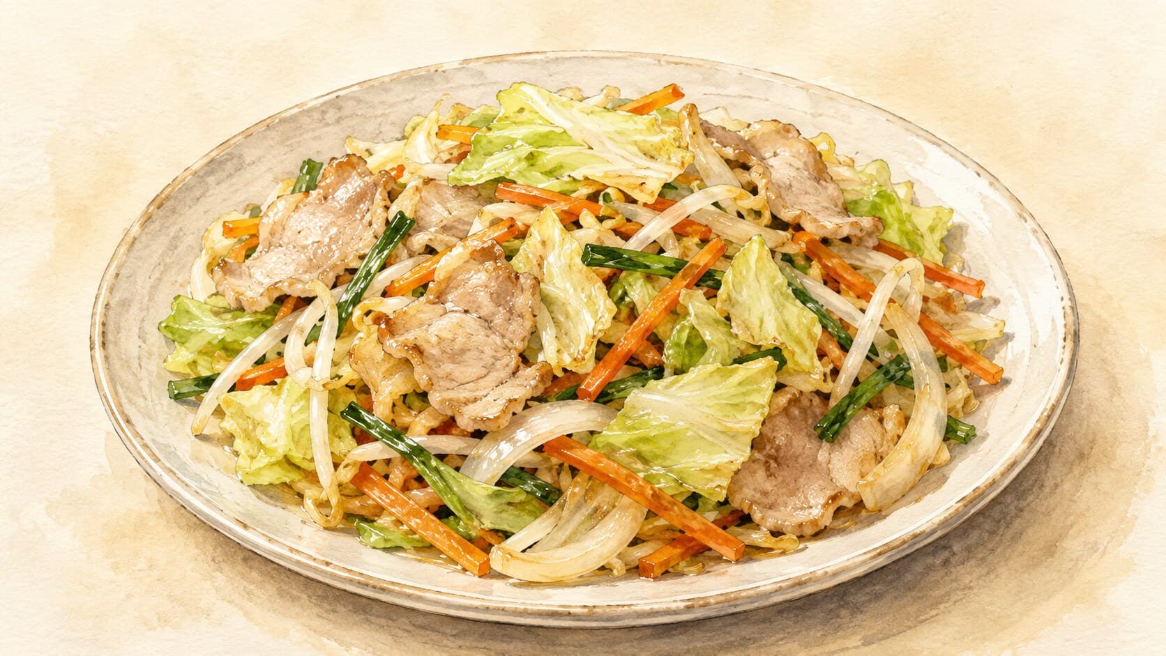 A vibrant stir-fry featuring pork, cabbage, carrots, bell peppers, and onions in a deep bowl.