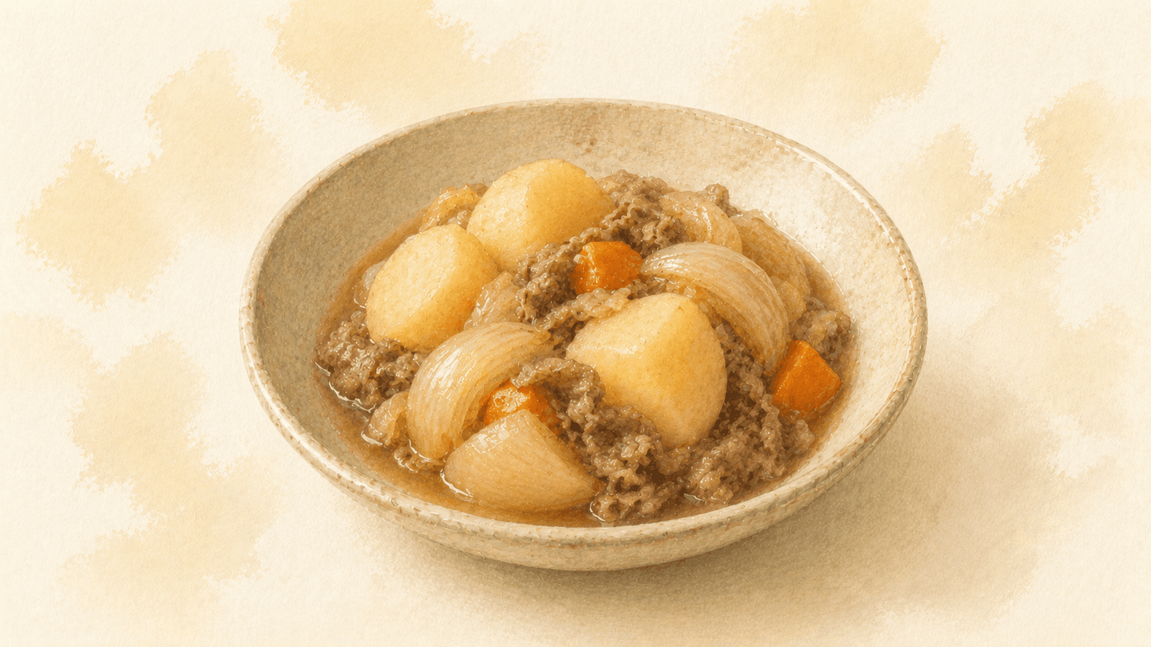 A wide earthenware bowl of nikujaga — deeply colored broth, soft potato, thin beef slices, translucent onion, with snow peas on top