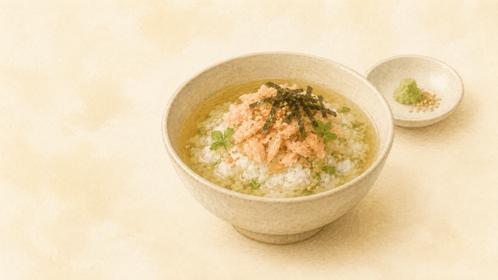 A bowl of salmon ochazuke — flaked salmon, nori, sesame, and green onion over rice, with hot dashi poured tableside