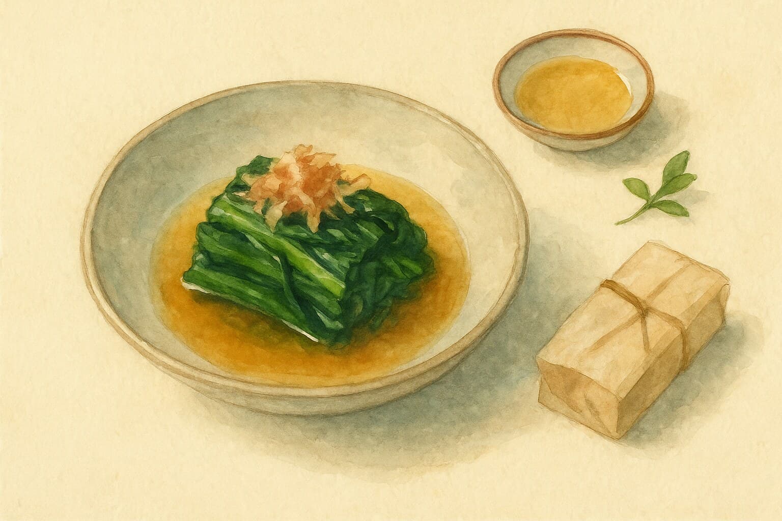 A beautifully presented dish of Ohitashi showcasing vibrant blanched greens in dashi broth.