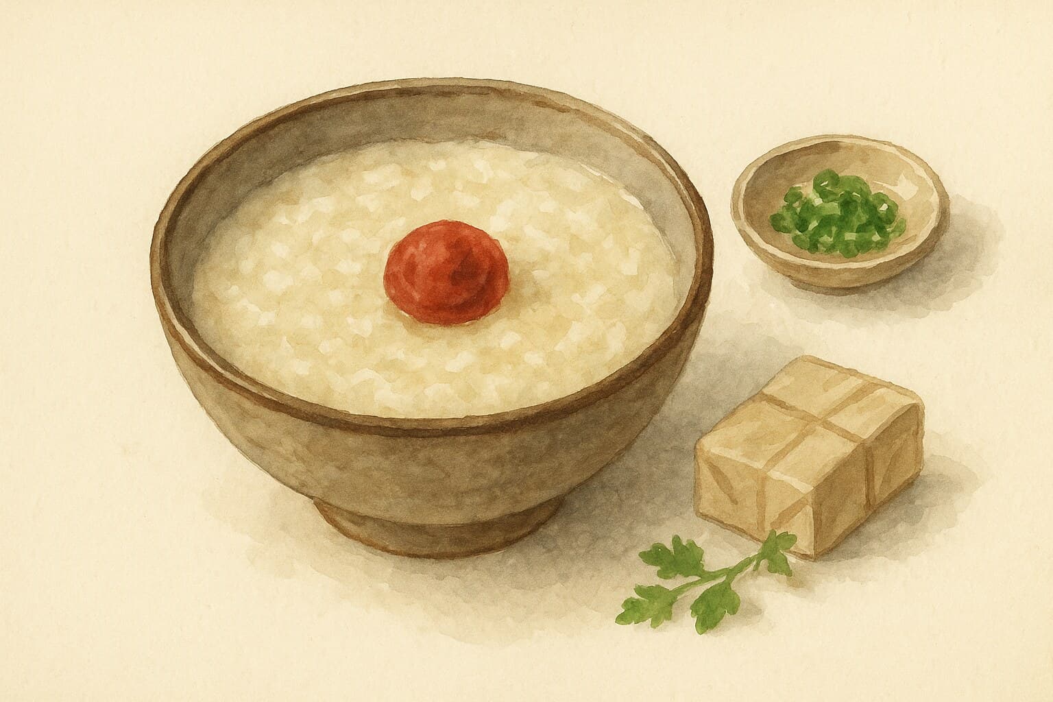 A bowl of pale, silken rice porridge topped with a single umeboshi and finely sliced green onion.