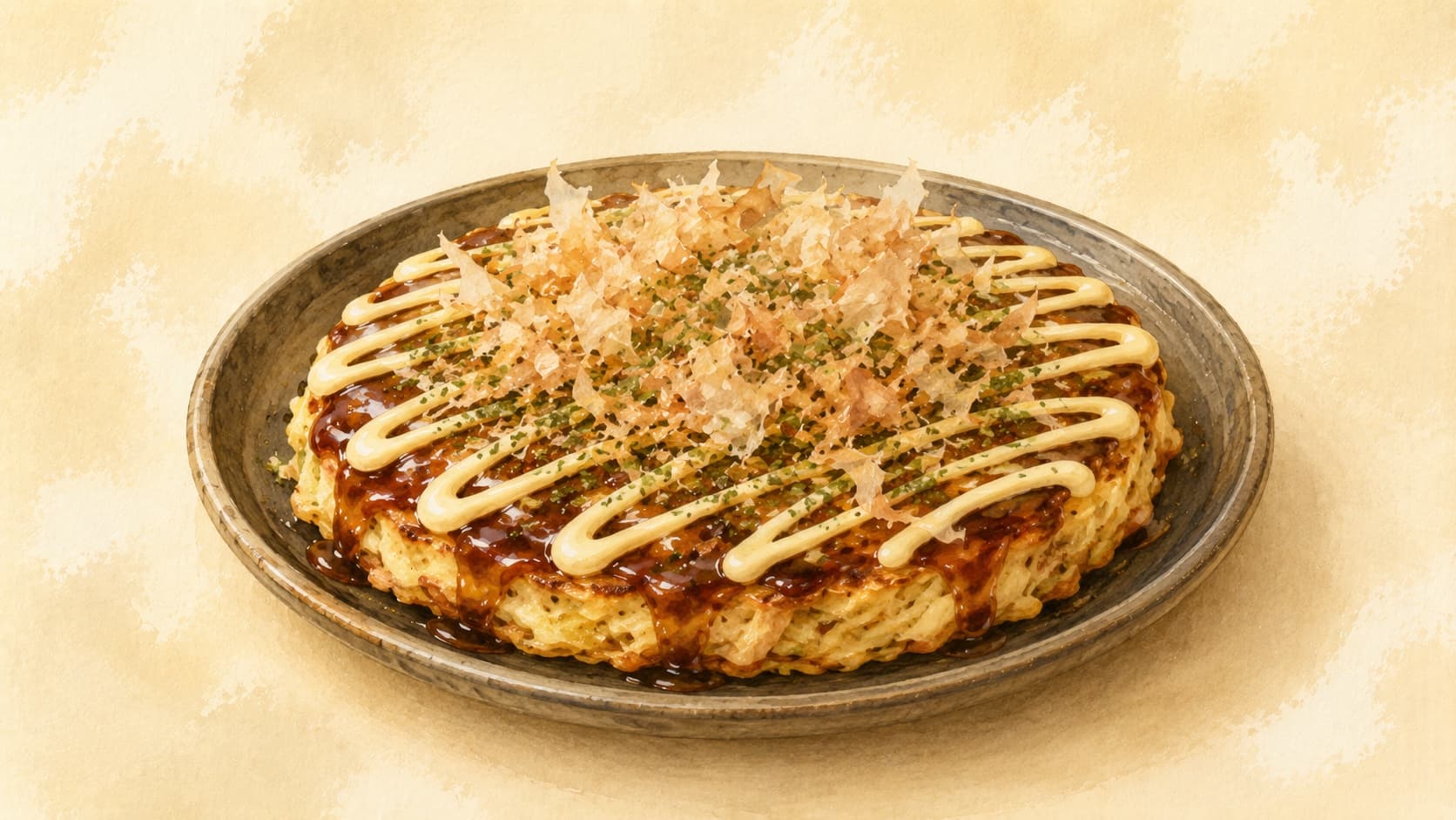 Golden-brown okonomiyaki topped with mayonnaise and bonito flakes.