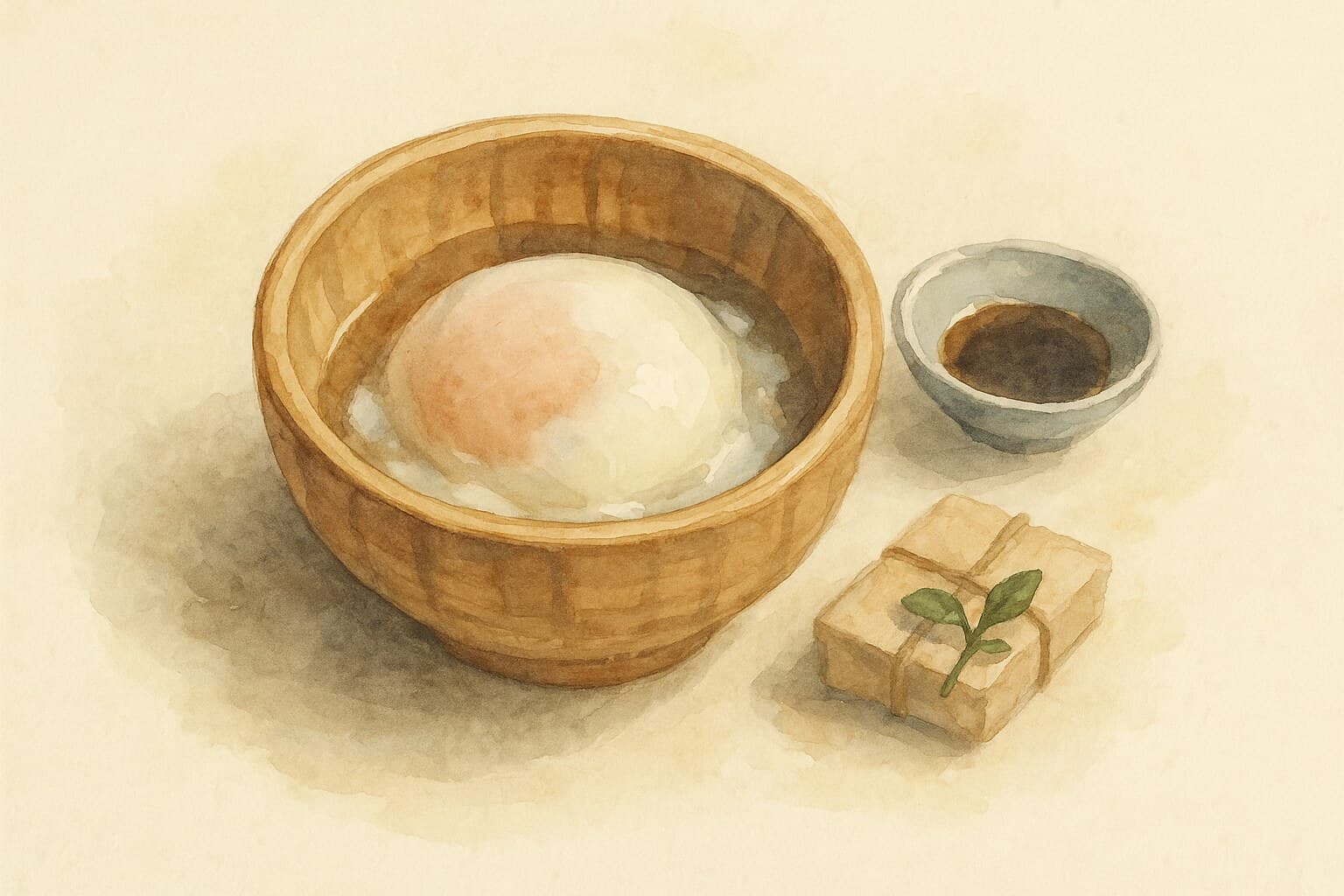 A beautifully presented Onsen Tamago served in a traditional bamboo bowl.
