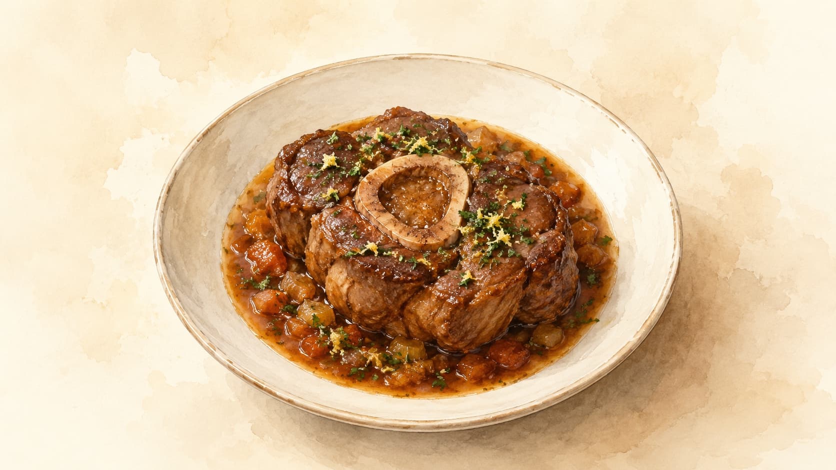 Braised veal shanks garnished with gremolata, served with a rich sauce.